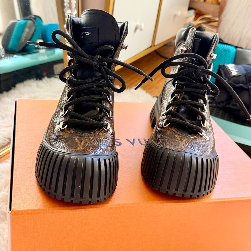 Louis Vuitton Brown Monogram Rubber-Toe Platform Boots